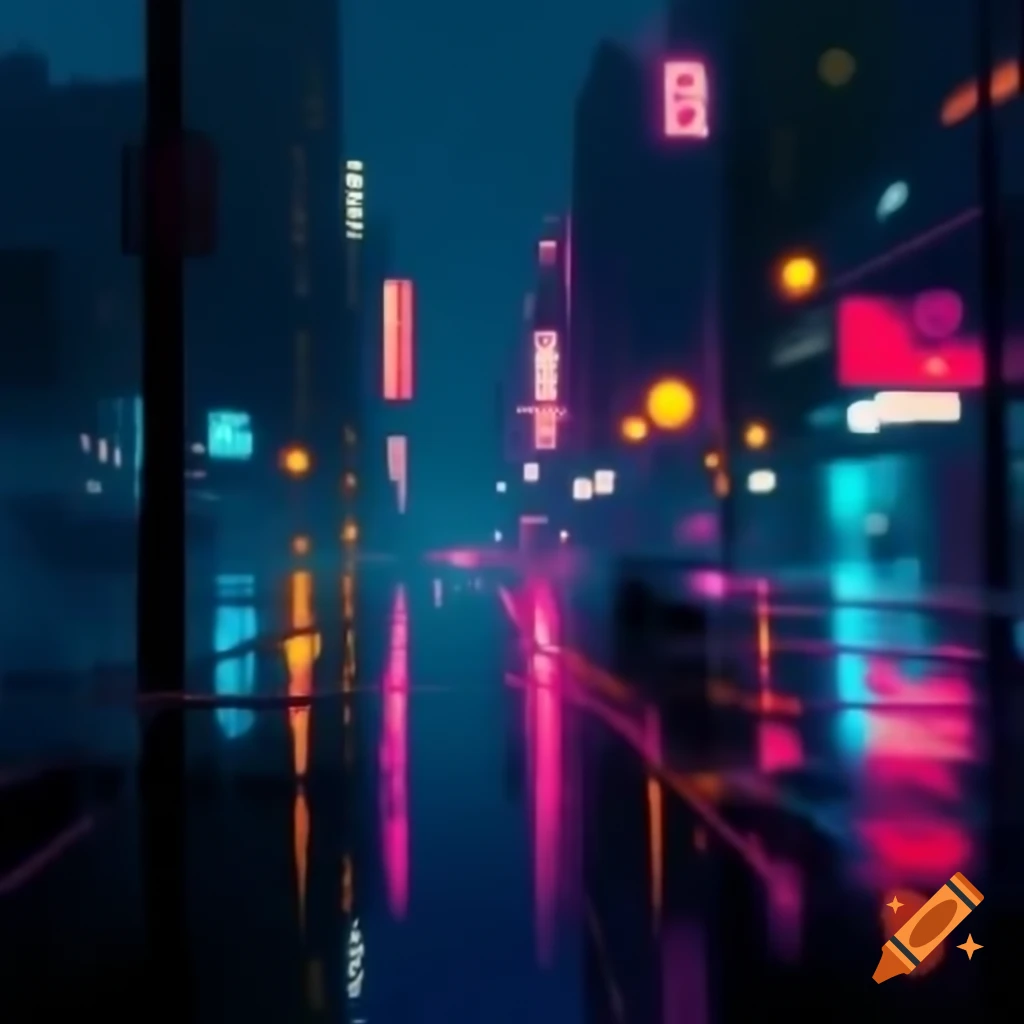 Night cityscape with neon lights and rain