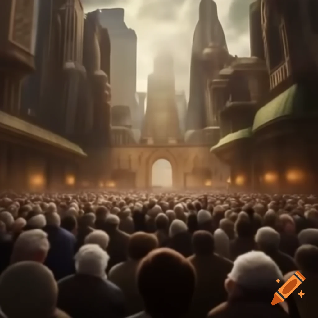 Crowd of grandparents in a detailed city view