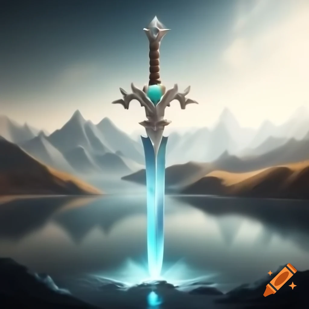 Elegant long mithril sword with shimmering silver glow and filigree patterns
