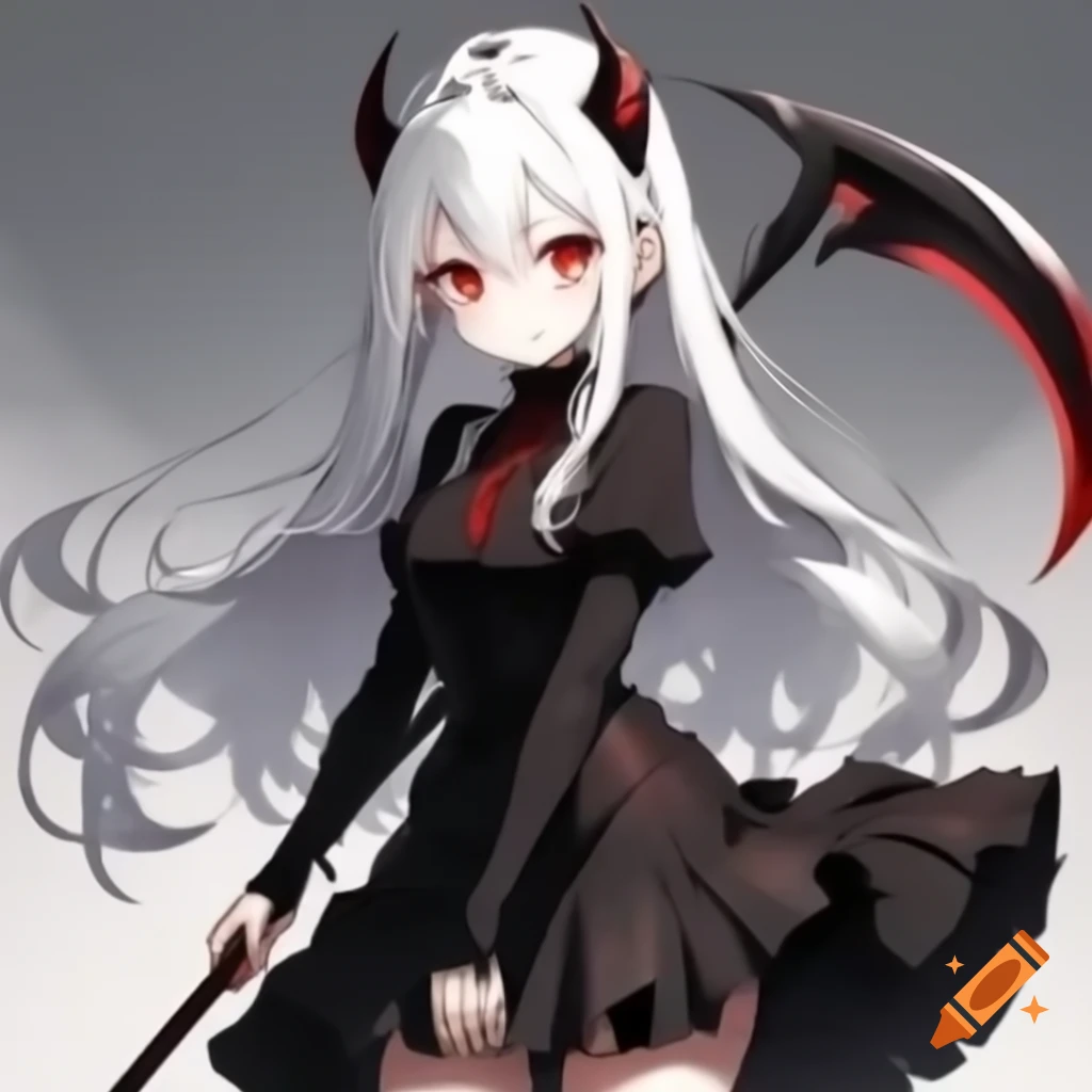 Anime female vampire with long white hair and red eyes holding a scythe