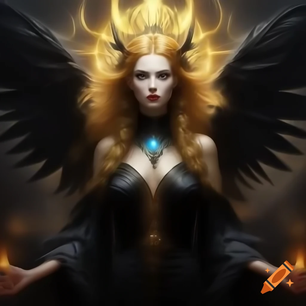 Dark witch with black robes and ethereal wings raising a golden halo, sunlight glinting on her features