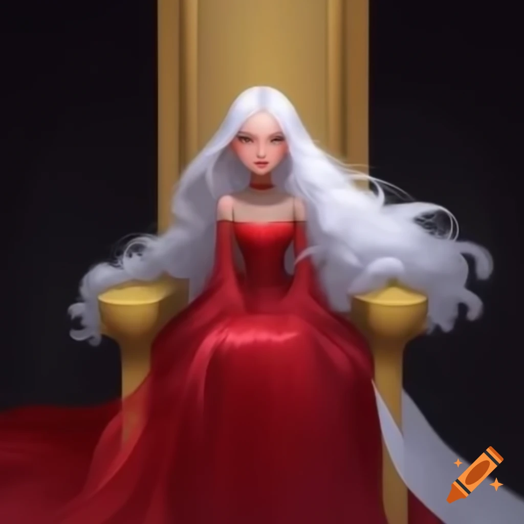Young empress with white hair sitting on golden throne in red and white imperial dress