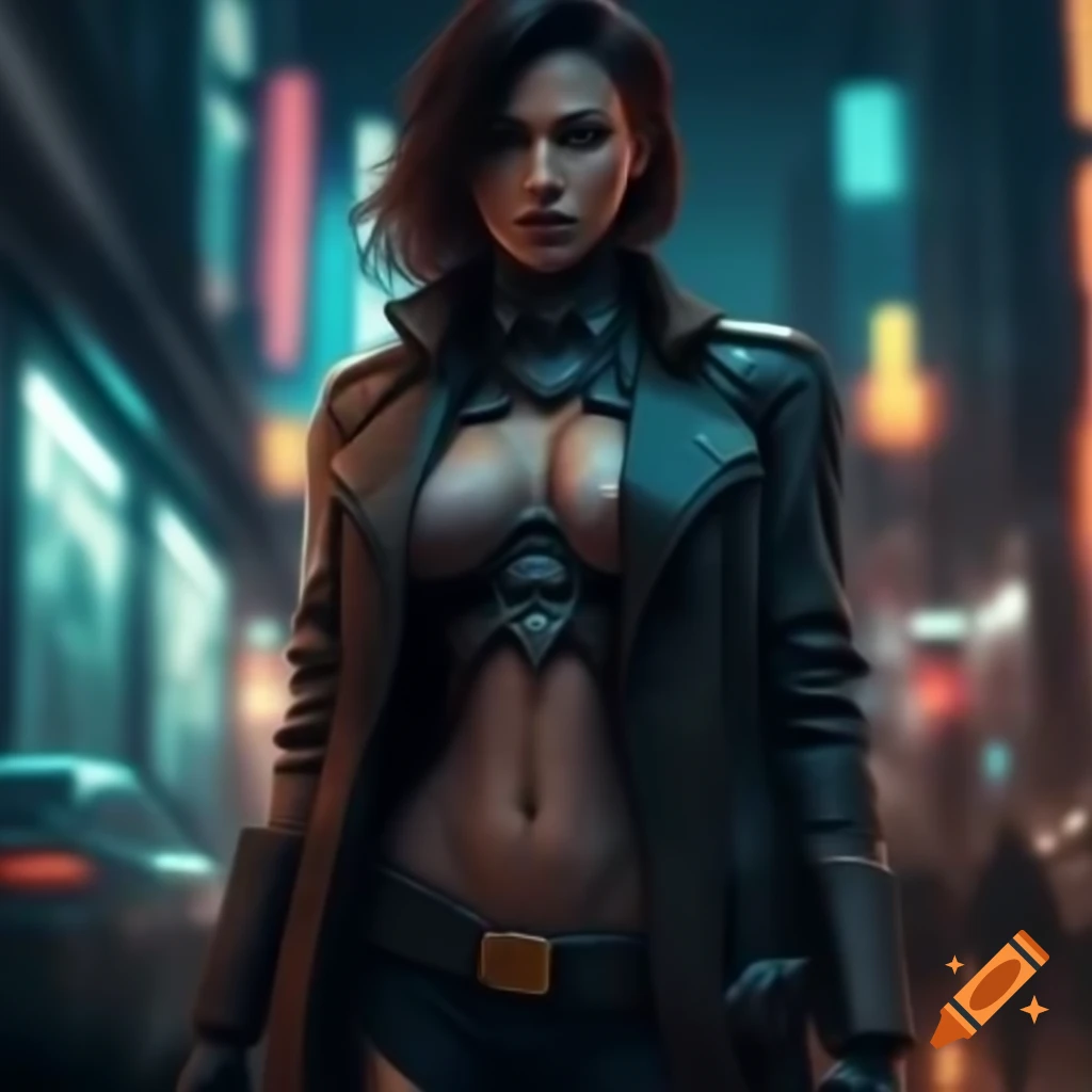 Female cyborg detective in leather trench coat in neon-lit dystopian city