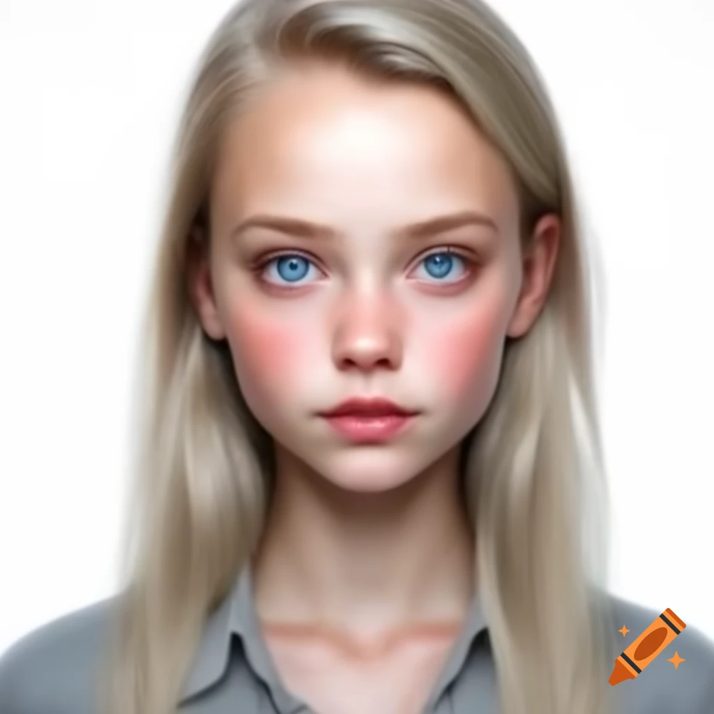 Realistic passport photo of young blonde woman with gray-blue eyes