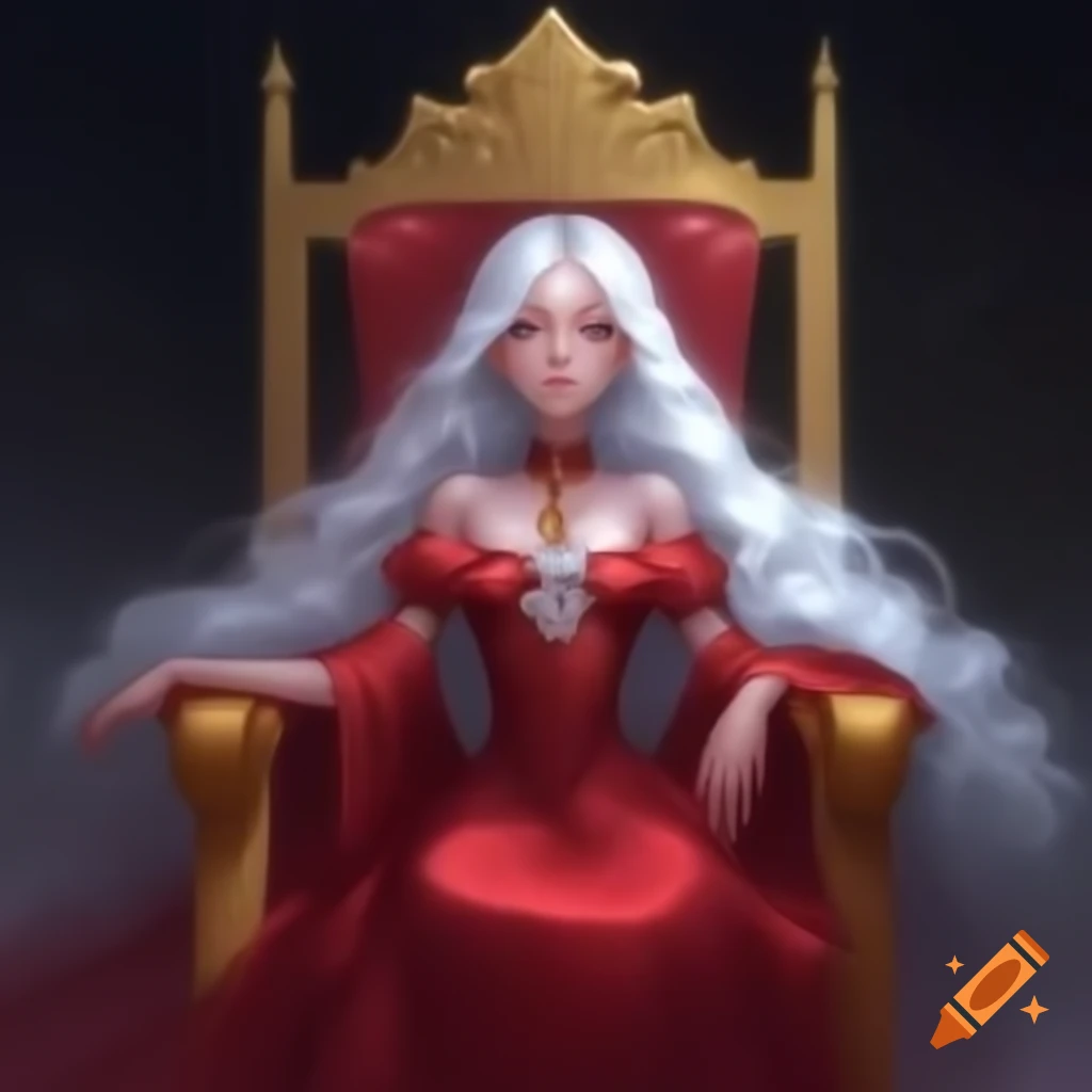 Young empress with white hair sitting on golden throne in red and white imperial dress