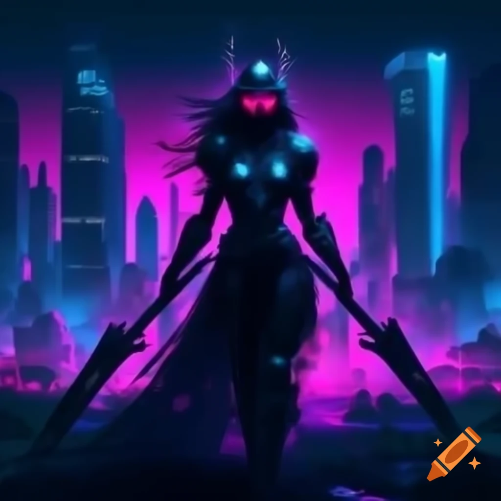 Futuristic warrior in cyborg armor in neon cityscape