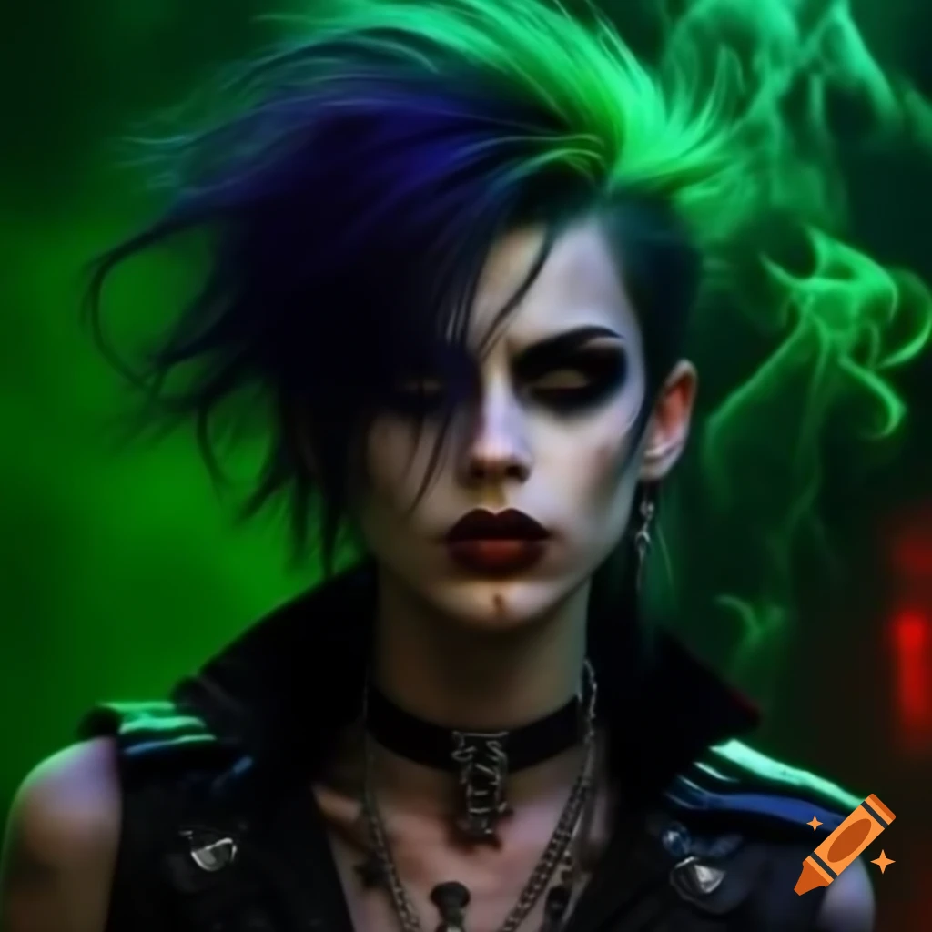 Psychedelic punk rock vampire with messy hair and piercings against green smoke