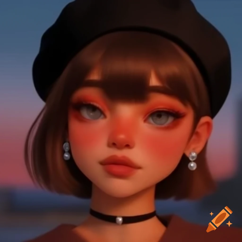 Stylish girl with brown skin and beret smiling at sunset on campus