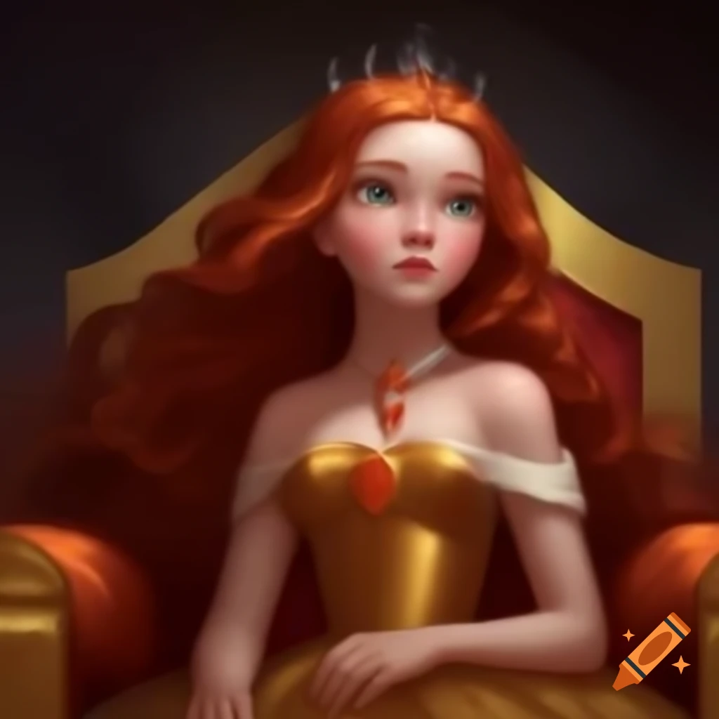Young empress with red hair in orange and gold dress seated on golden throne
