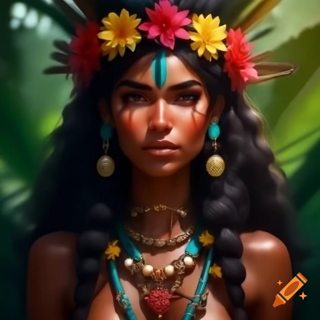 Polynesian woman in native outfit with floral wreath in tropical forest clearing