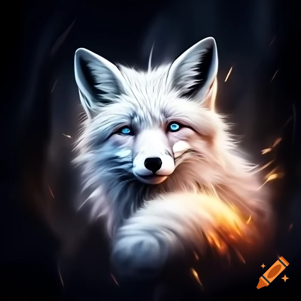 White fox with glowing blue eyes and fluffy tail surrounded by sparks