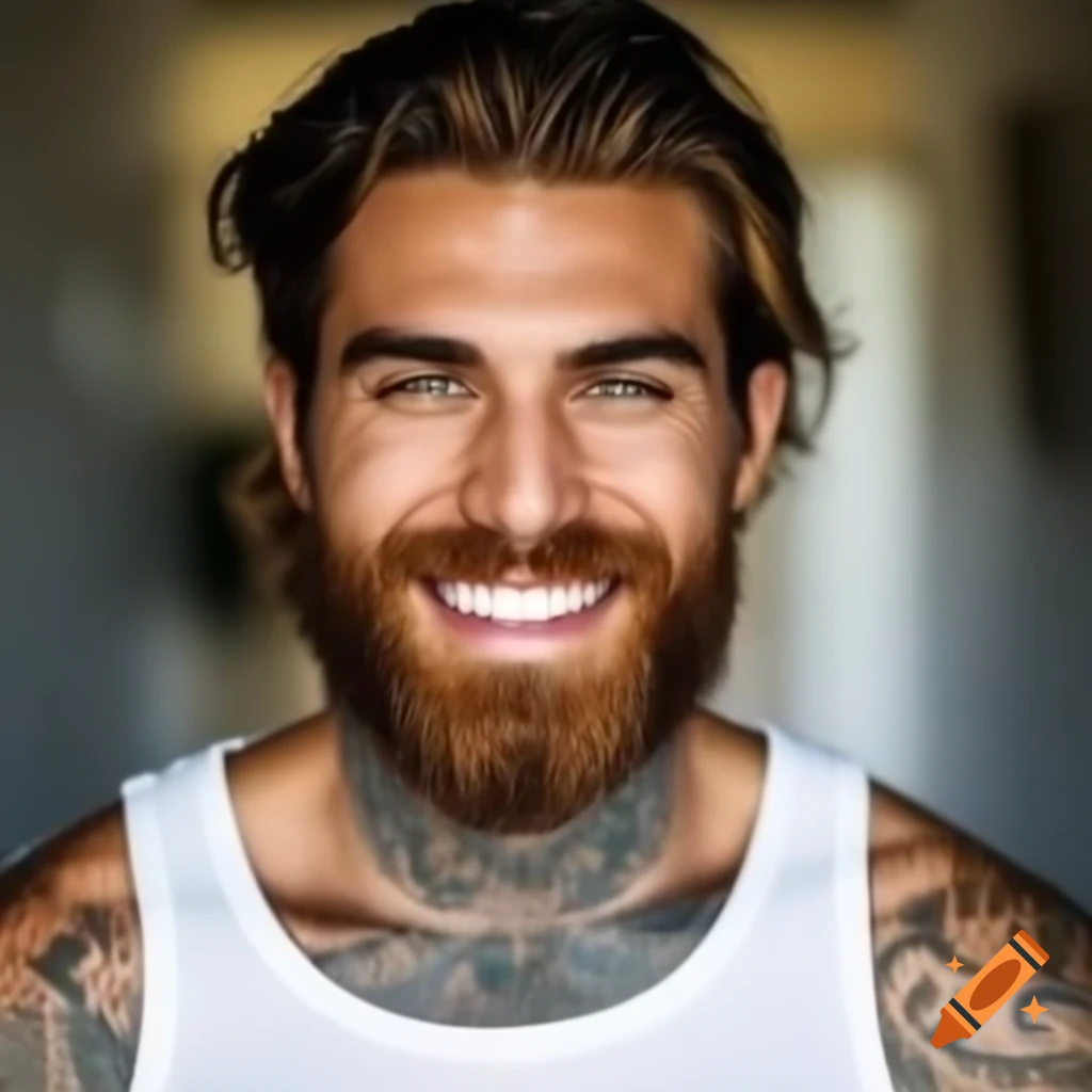 Person with dark golden brown hair, taupe gray eyes, and tattoos wearing a white tank top and indigo jeans