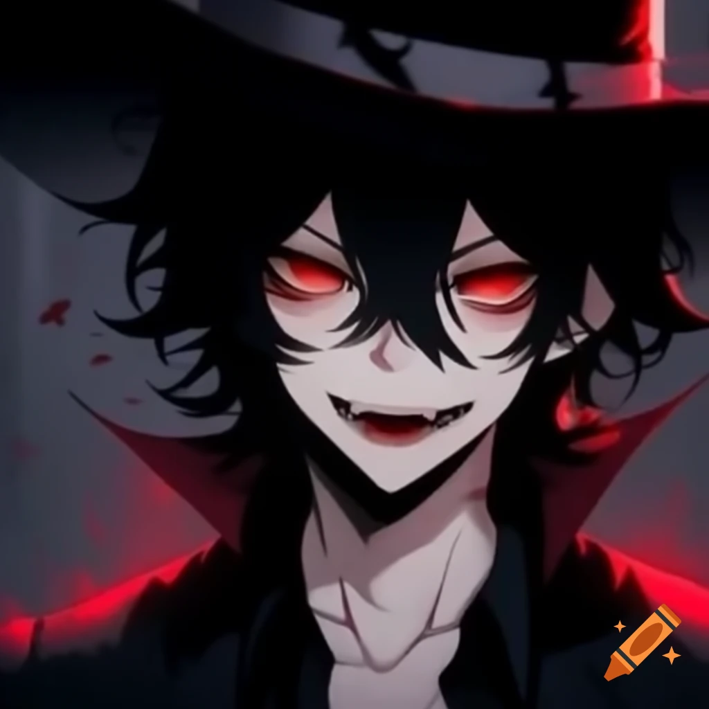 Anime vampire with long black hair, red eyes, and brimmed hat in front of moon