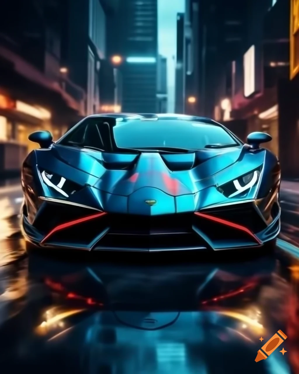 Blue Lamborghini Temarrio with red stripes in a shiny Cyberpunk city after rain
