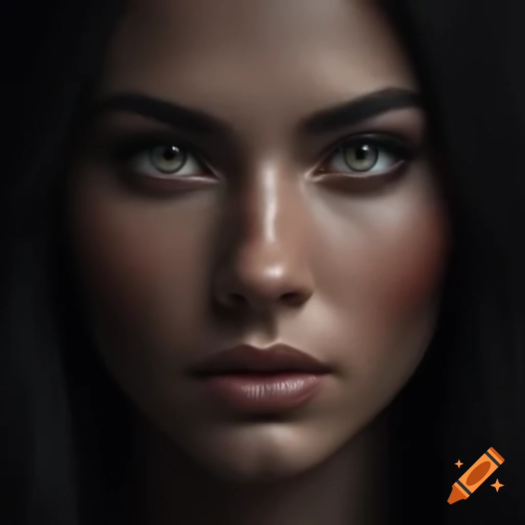 Closeup of brunette with smooth features and dark facial hair