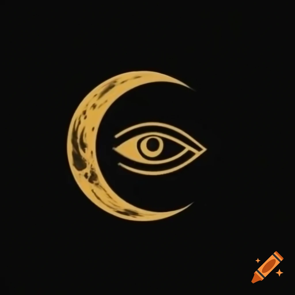 Crescent moon with eye symbol in gold on black background