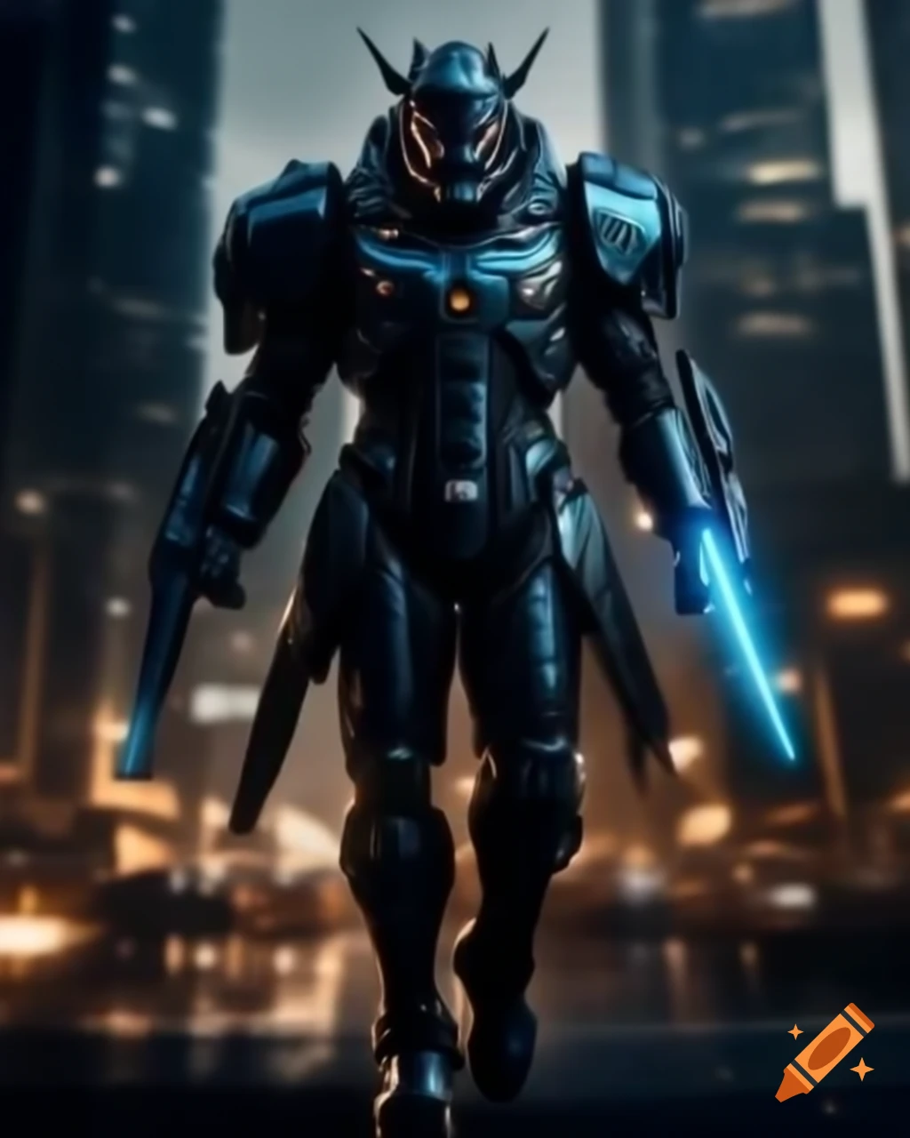 Warrior in black and cobalt armor stands against shimmering cityscape with cybernetic enhancements