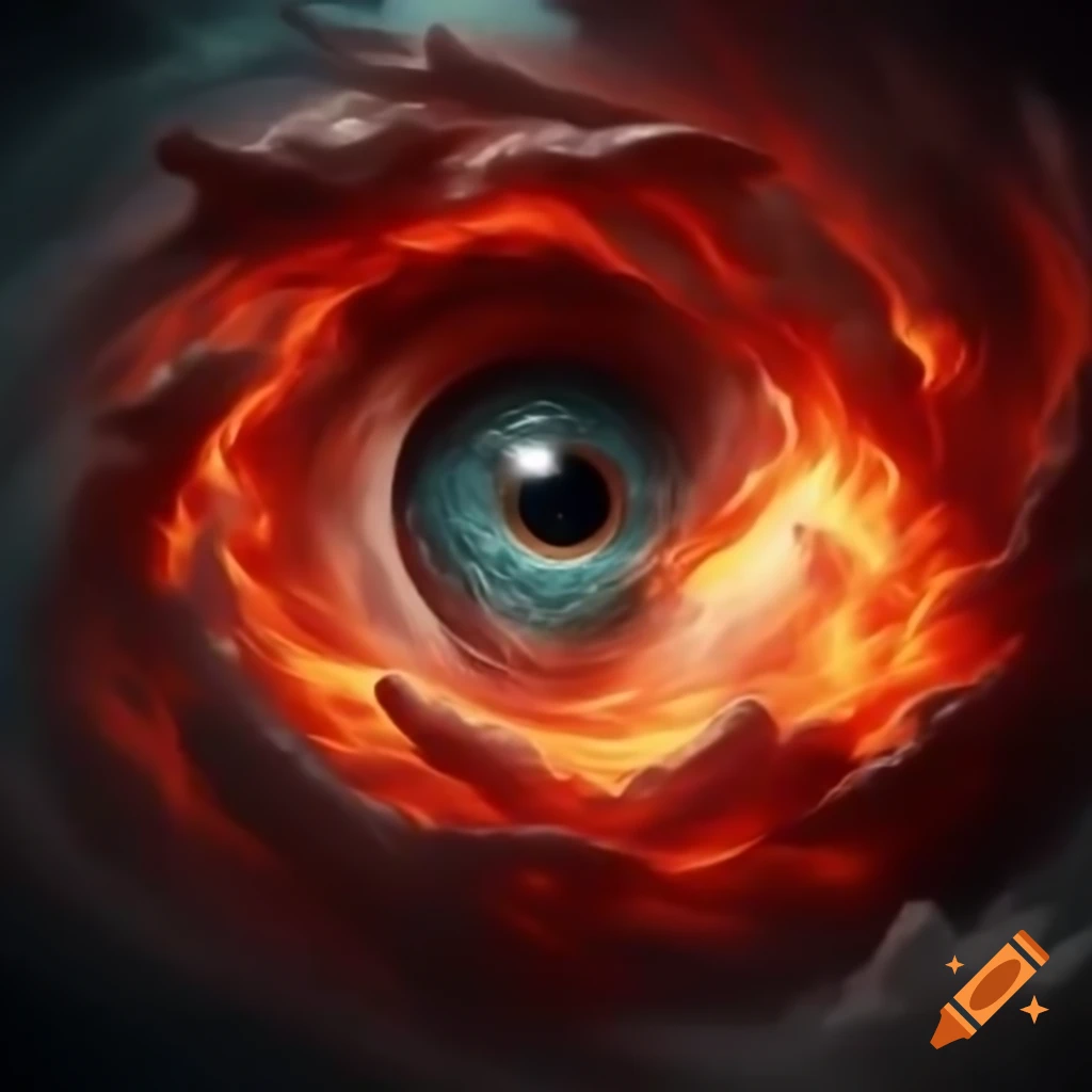 Face emerging from crimson vortex with map-like skin texture