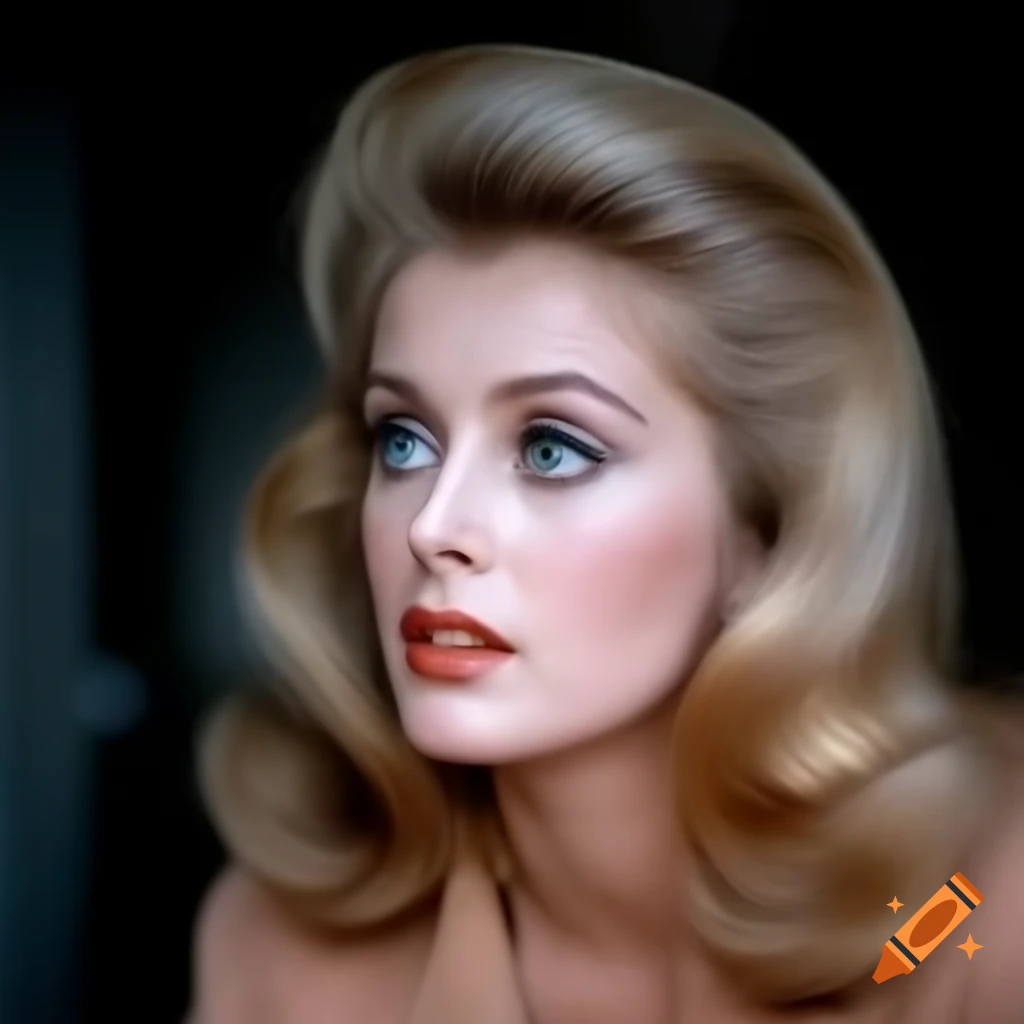 Hyper-realistic photograph of a beautiful European actress from 1963 with porcelain skin and blue eyes