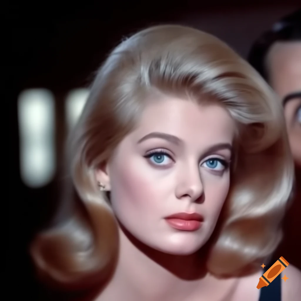 Hyper-realistic photograph of a charming European actress from 1963 with porcelain skin and blue eyes