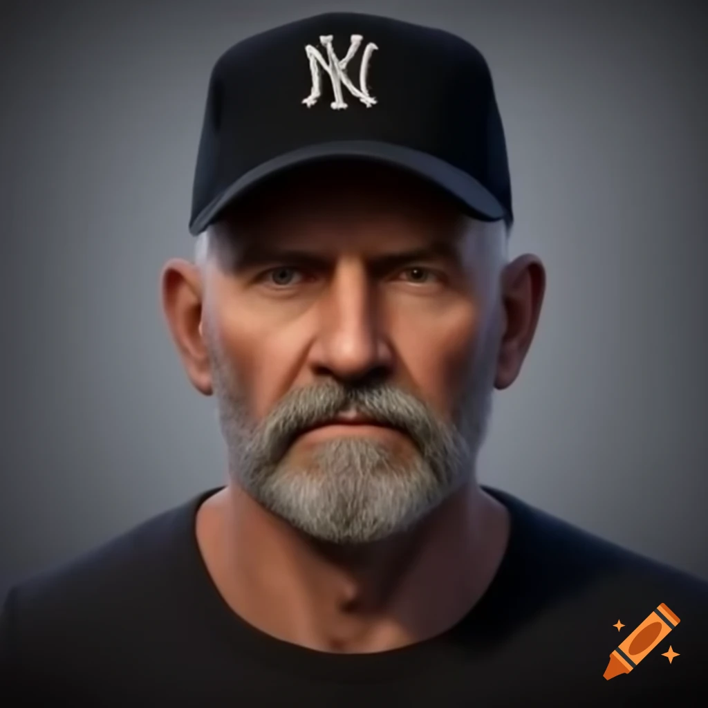 Middle-aged bald man with short beard wearing black baseball hat and T-shirt