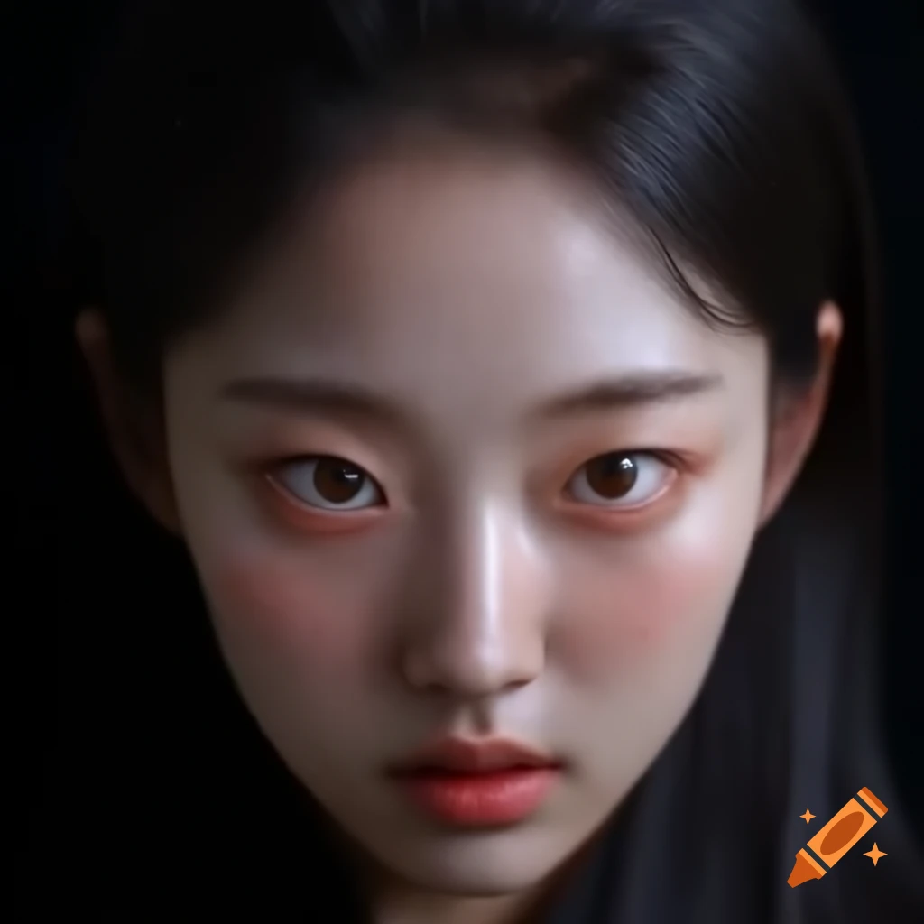 Close-up perspective of a woman's face with playful expression and upward gaze