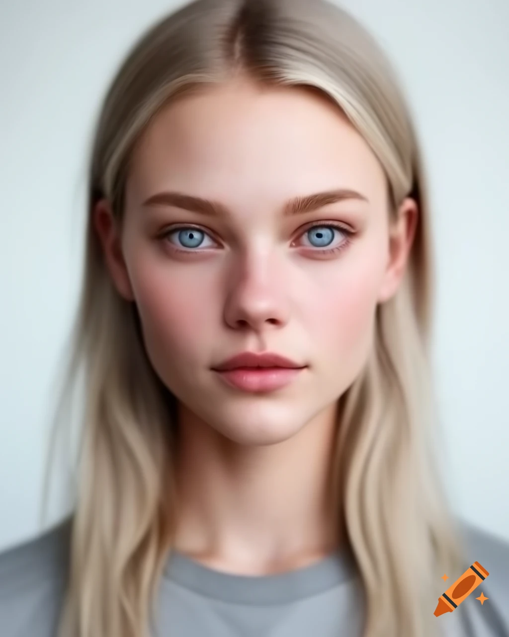 Realistic passport photo of a blonde woman with gray-blue eyes