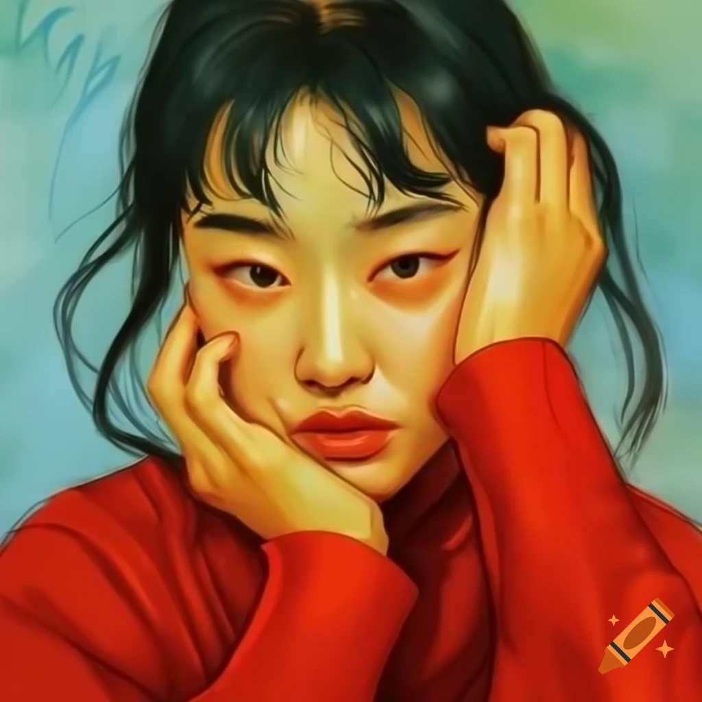 Stunning portrait of Korean woman in red, animated style with watercolor and Rembrandt influences