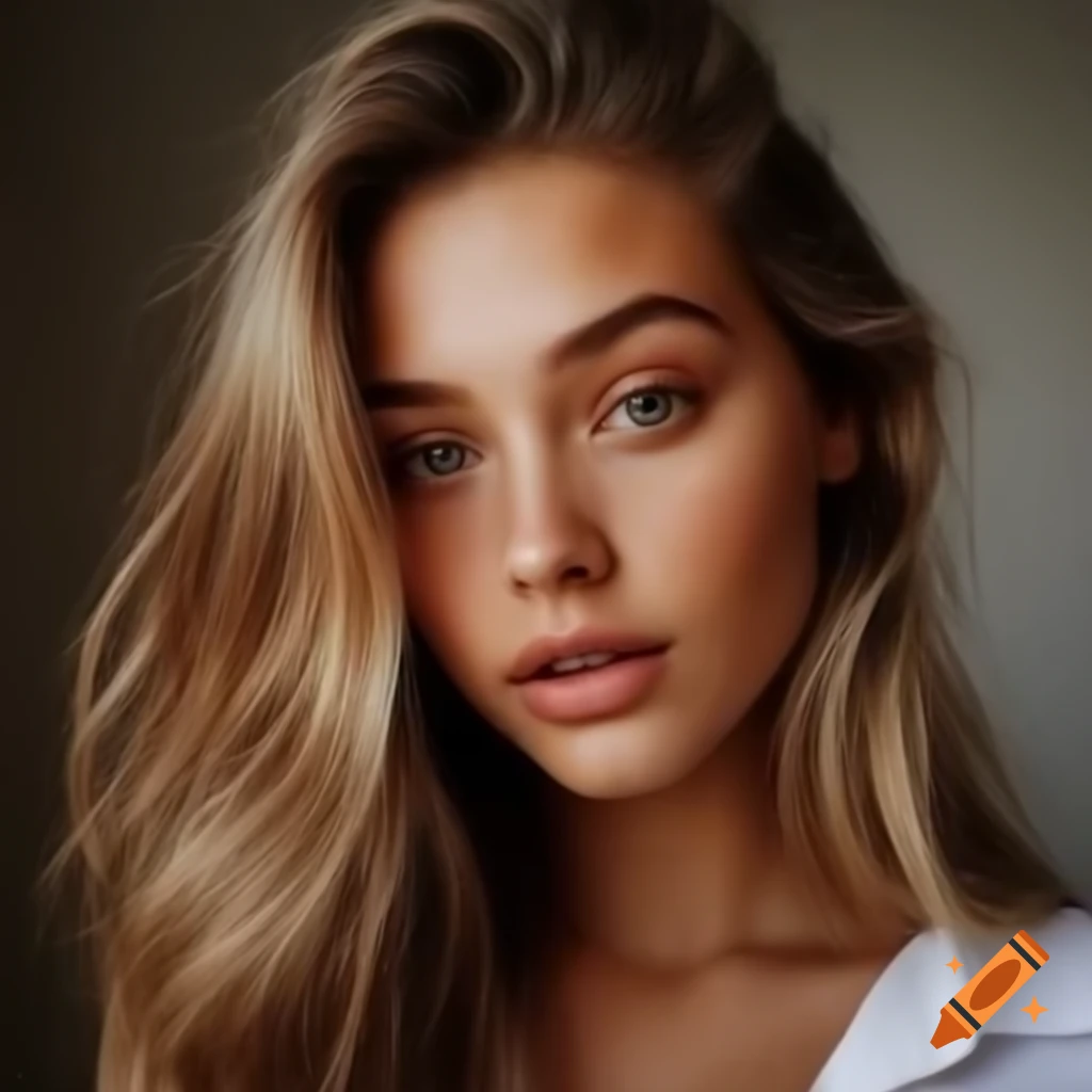 Beautiful blonde woman with long wavy hair wearing a white shirt