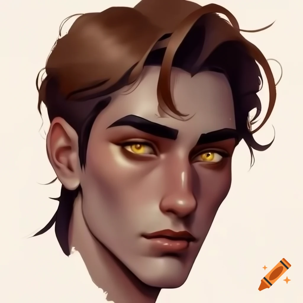 Anime character with gold eyes, brown hair, and dark skin