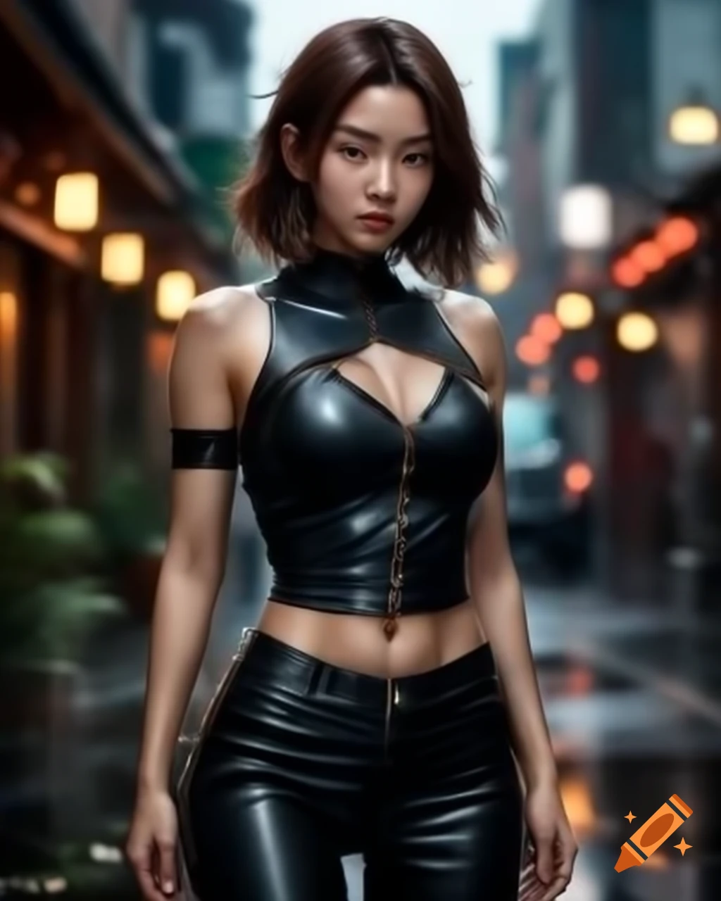 Asian woman in black bodycon leather pants on rainy day, anime realistic  style on Craiyon
