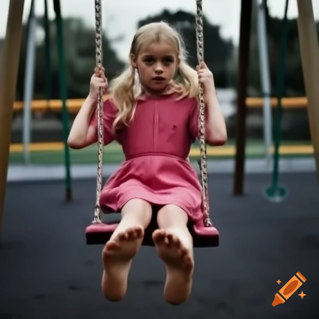Tall woman with blonde pigtails swinging on playground in pink dress