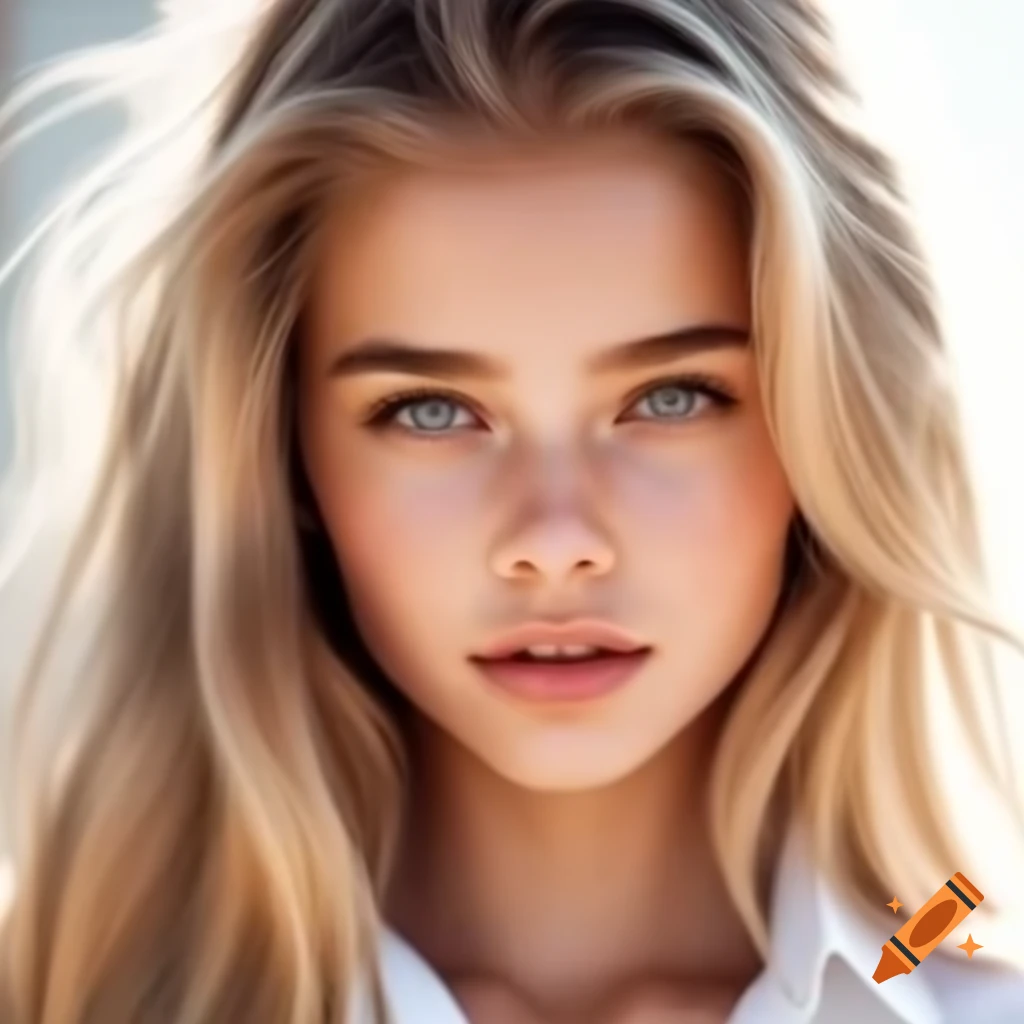 Beautiful woman with long honey blonde hair wearing a white shirt