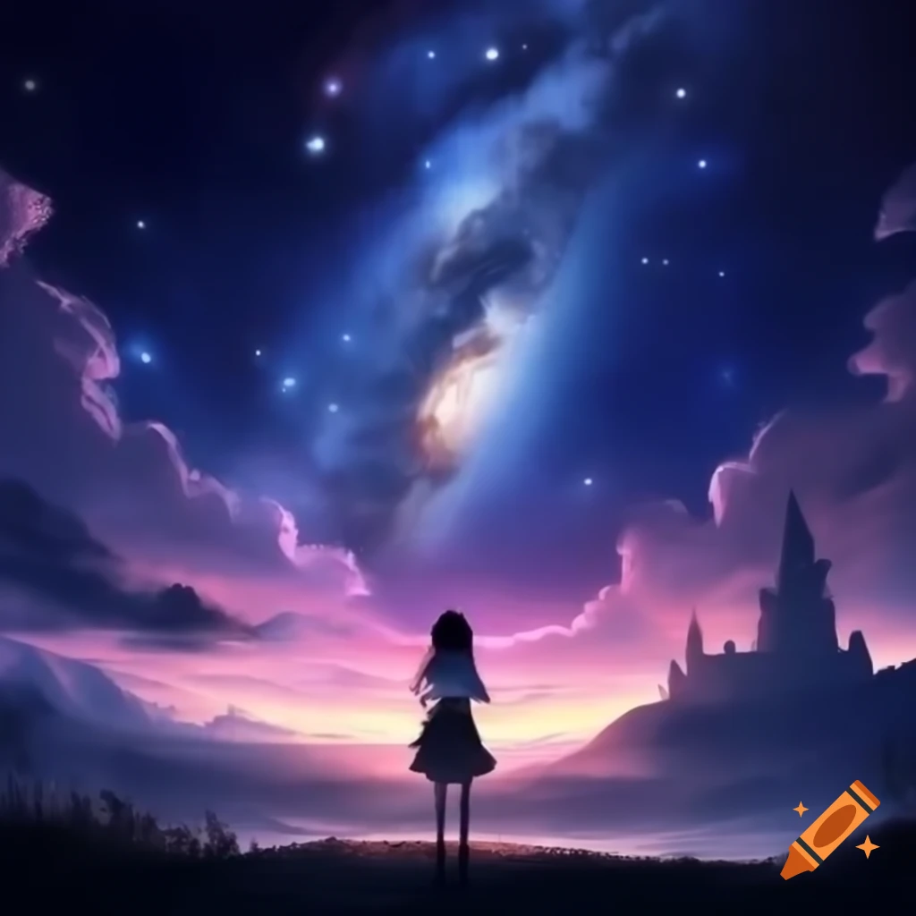 Anime girl gazing at the sky with a castle in the background, galaxy theme