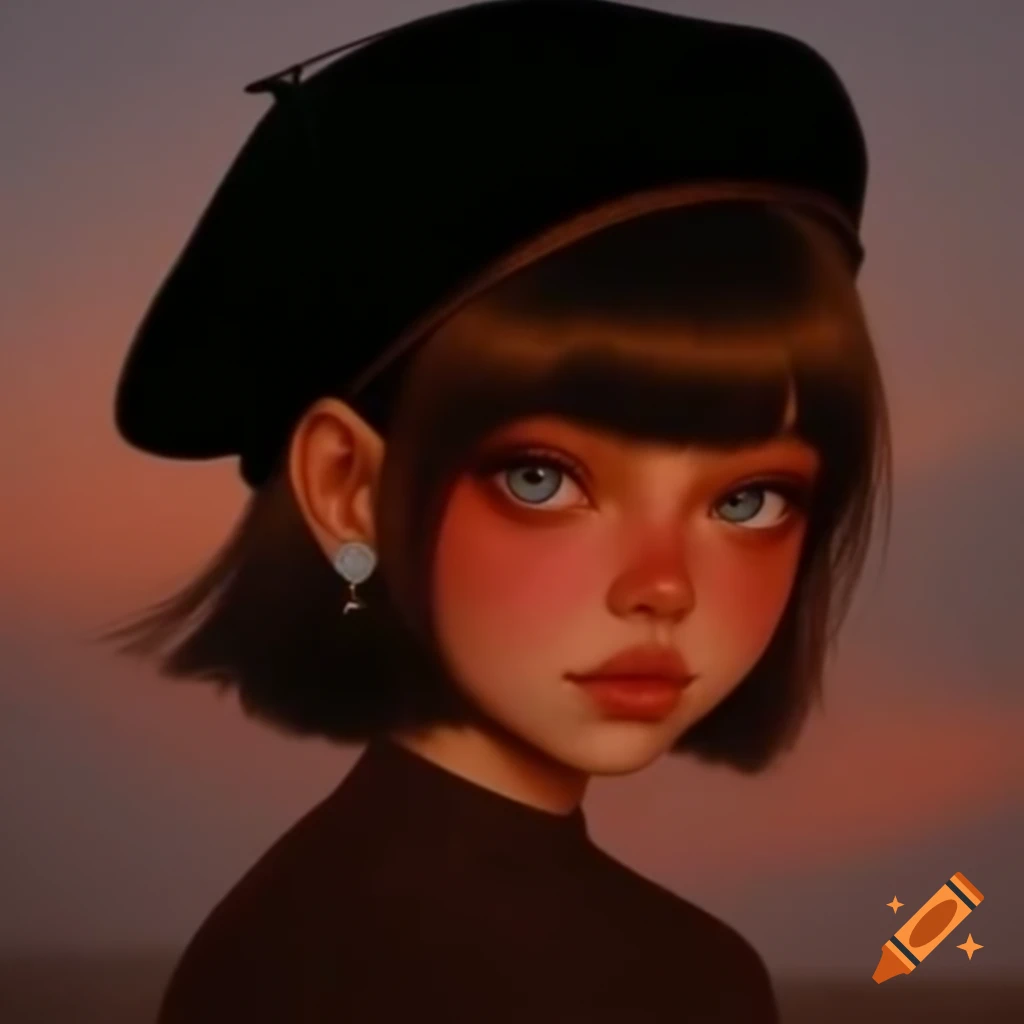 Stylish girl with brown skin and beret smiling at sunset on campus