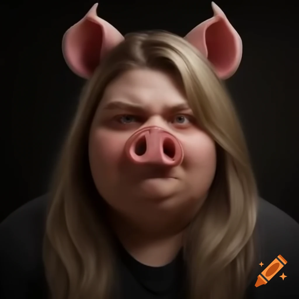 Hyper-realistic portrait of a woman with pig-like features in a dark atmosphere
