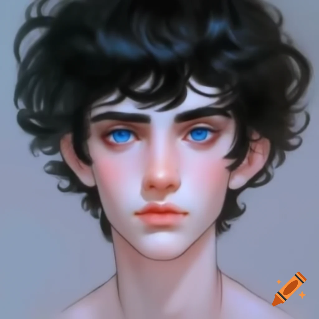Male character with scrawny figure, curly black hair, bright blue eyes, and pale porcelain-like skin