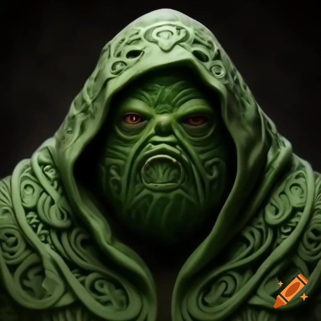 Highly detailed green hooded Celtic pattern cloak slime creature in full figure