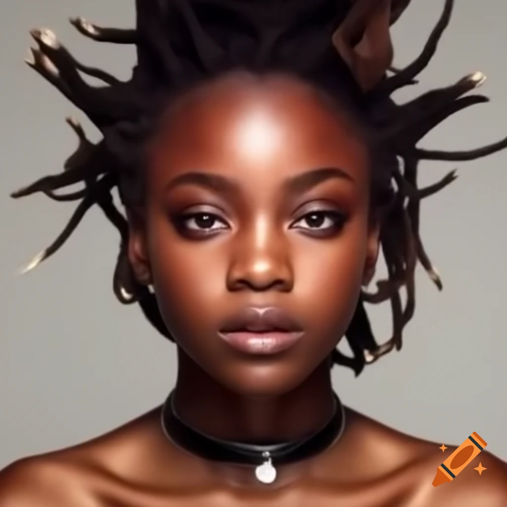 Portrait of a young woman with half shaved hair and dreadlocks, wearing dark eyeshadow and leather choker