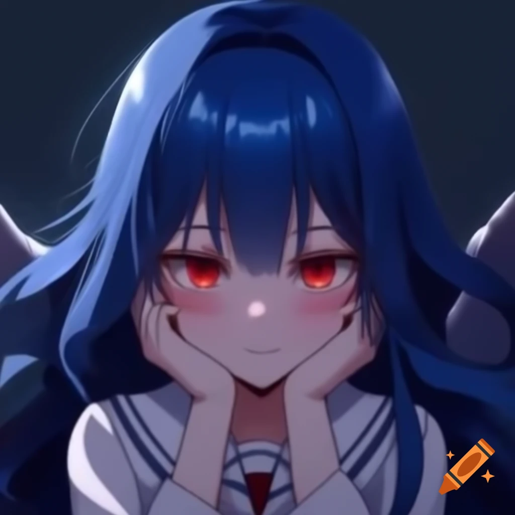 Anime character with blue hair and red eyes, styled wings, depicting a transformative moment