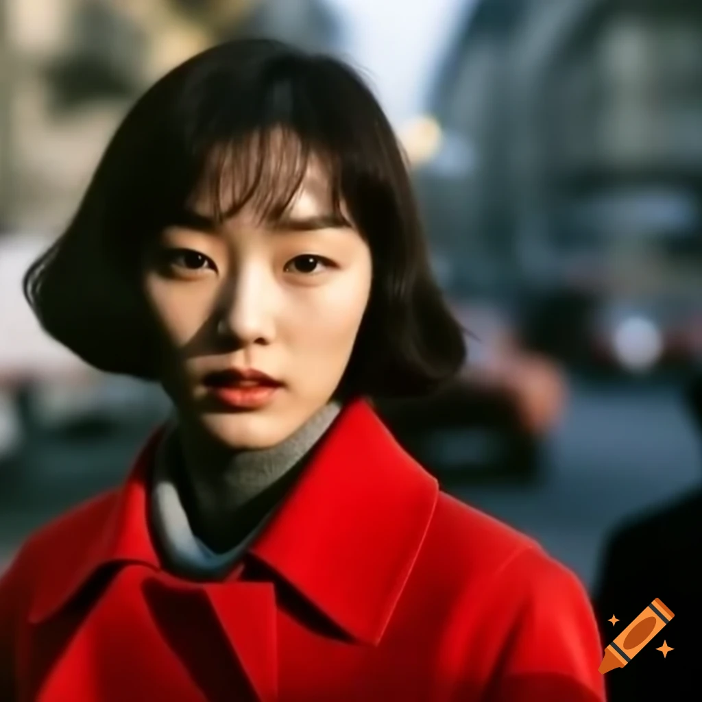 Encounter with famous Korean actress in 1960s style red trenchcoat and layered bob hairstyle