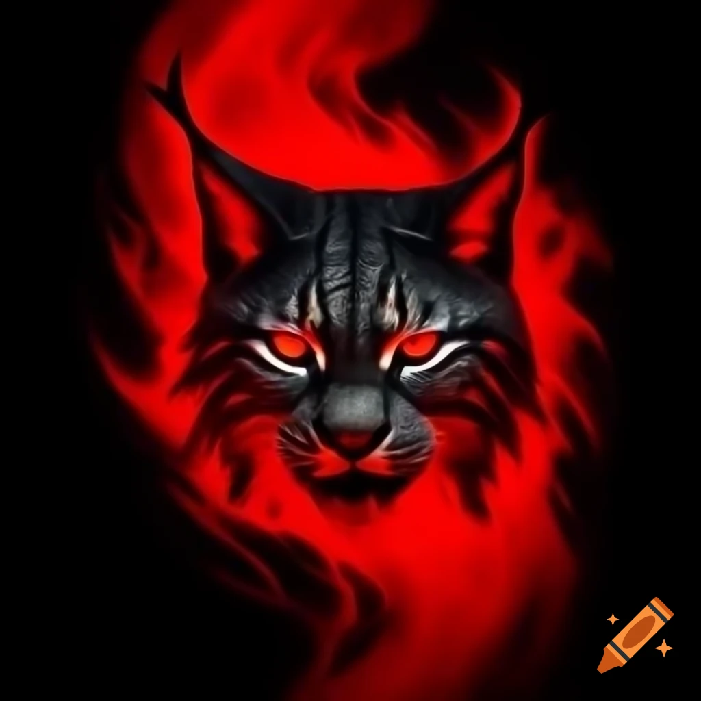 Lynx silhouette emerging from red mist with glowing red eyes