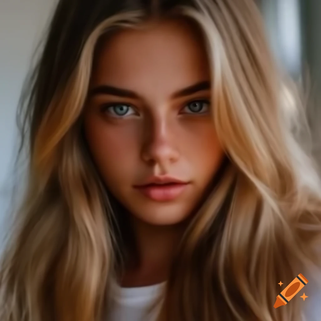 Beautiful blonde woman with long wavy hair wearing a white shirt