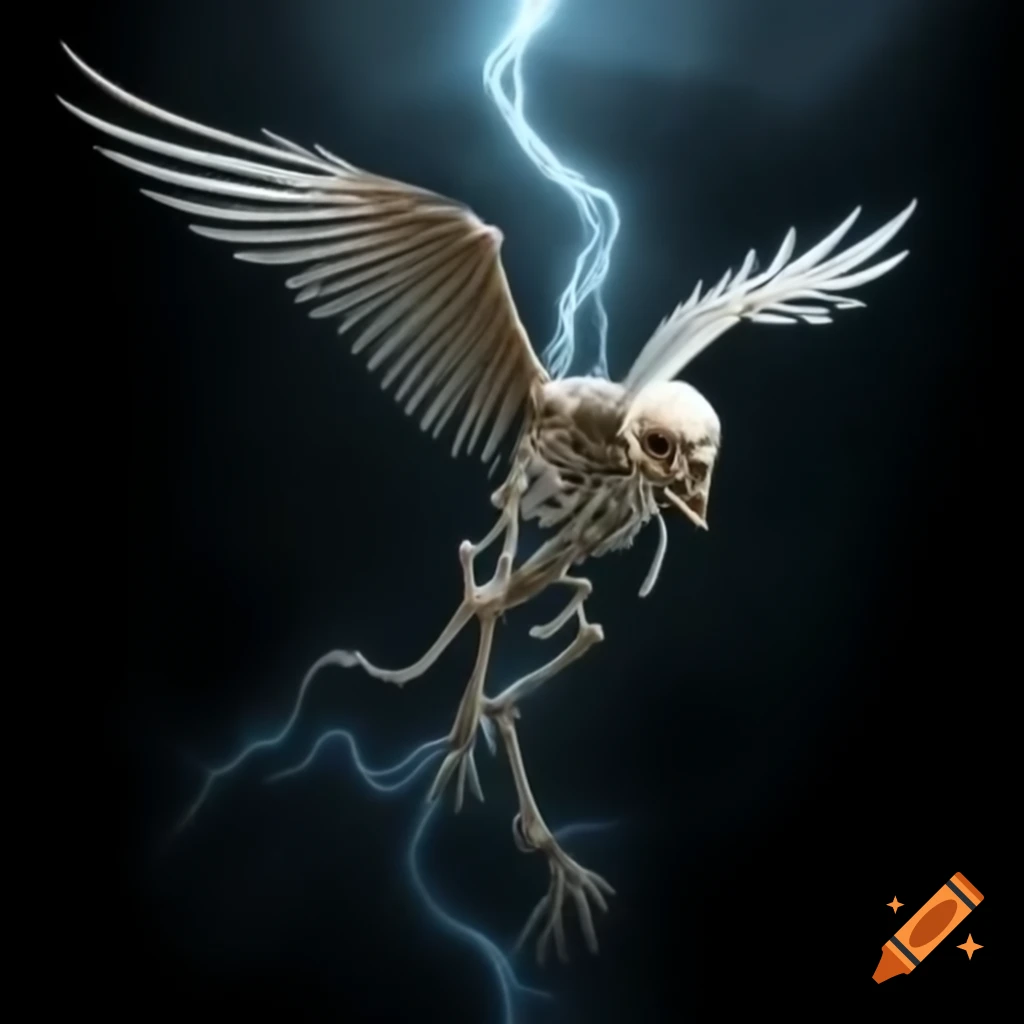 Skeleton of a flying bird with lightning effect