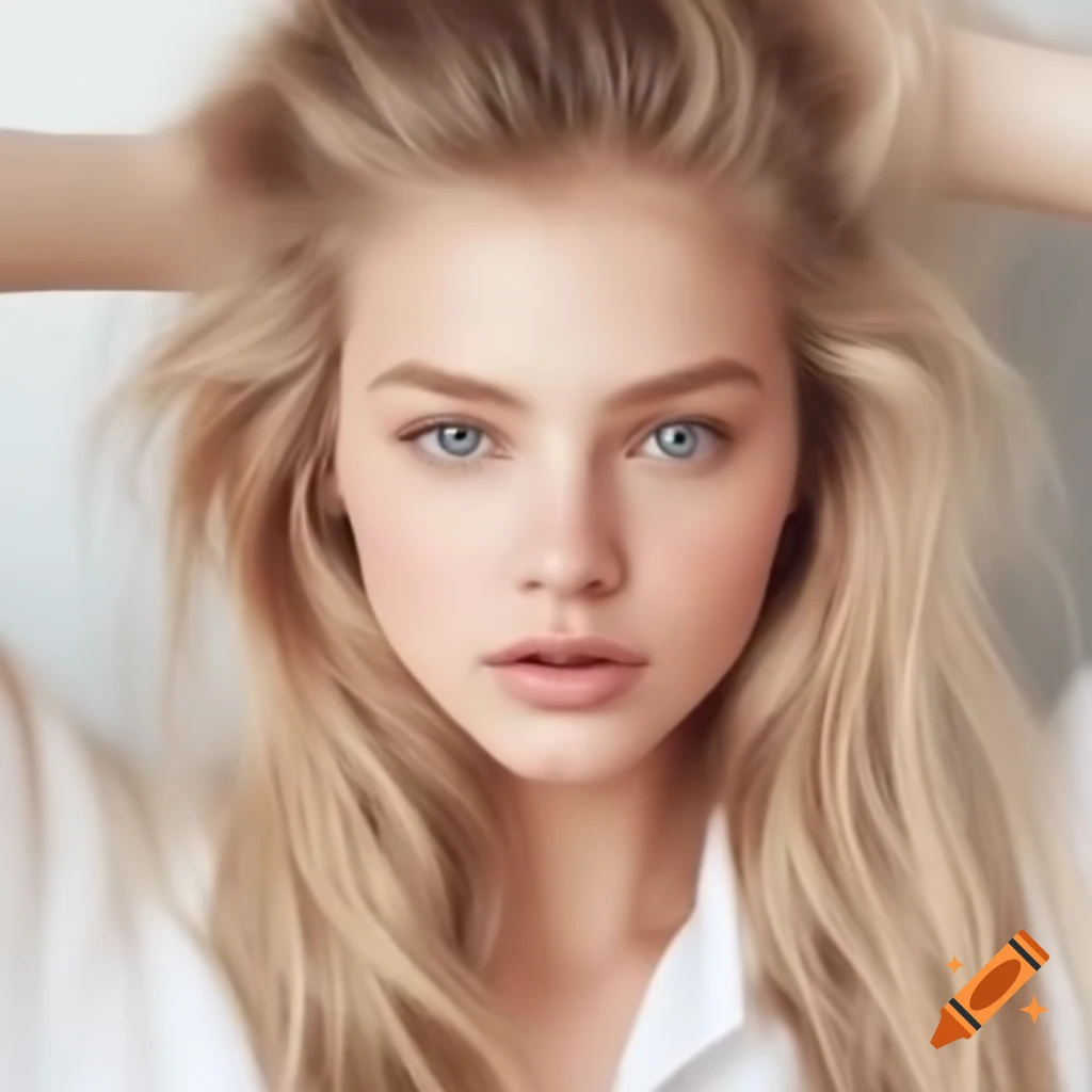 Beautiful woman with long honey blonde hair wearing a white shirt
