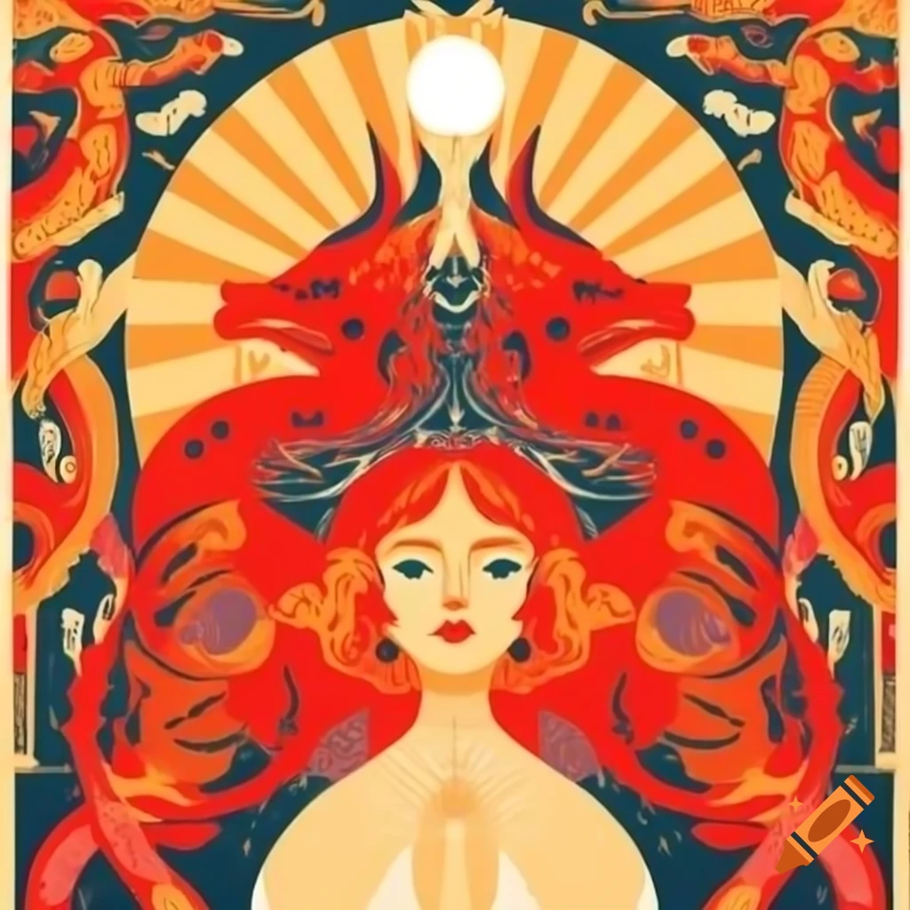 Art nouveau illustration of 'The Great Red Dragon and the Woman Clothed with Sun', featuring clean bold lines