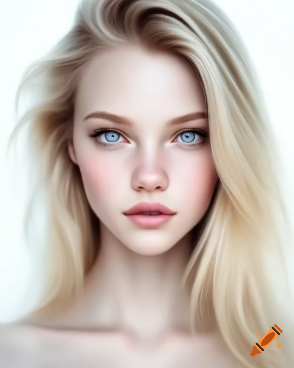 Realistic passport photo of a blonde person with bright gray-blue eyes