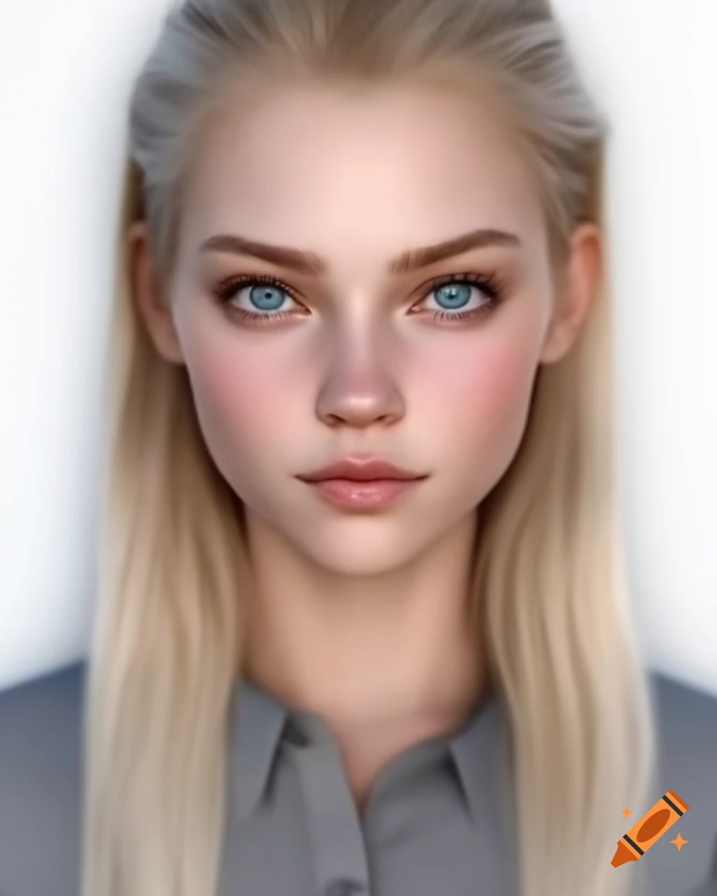 Realistic passport photo of blonde woman with gray-blue eyes in gray shirt