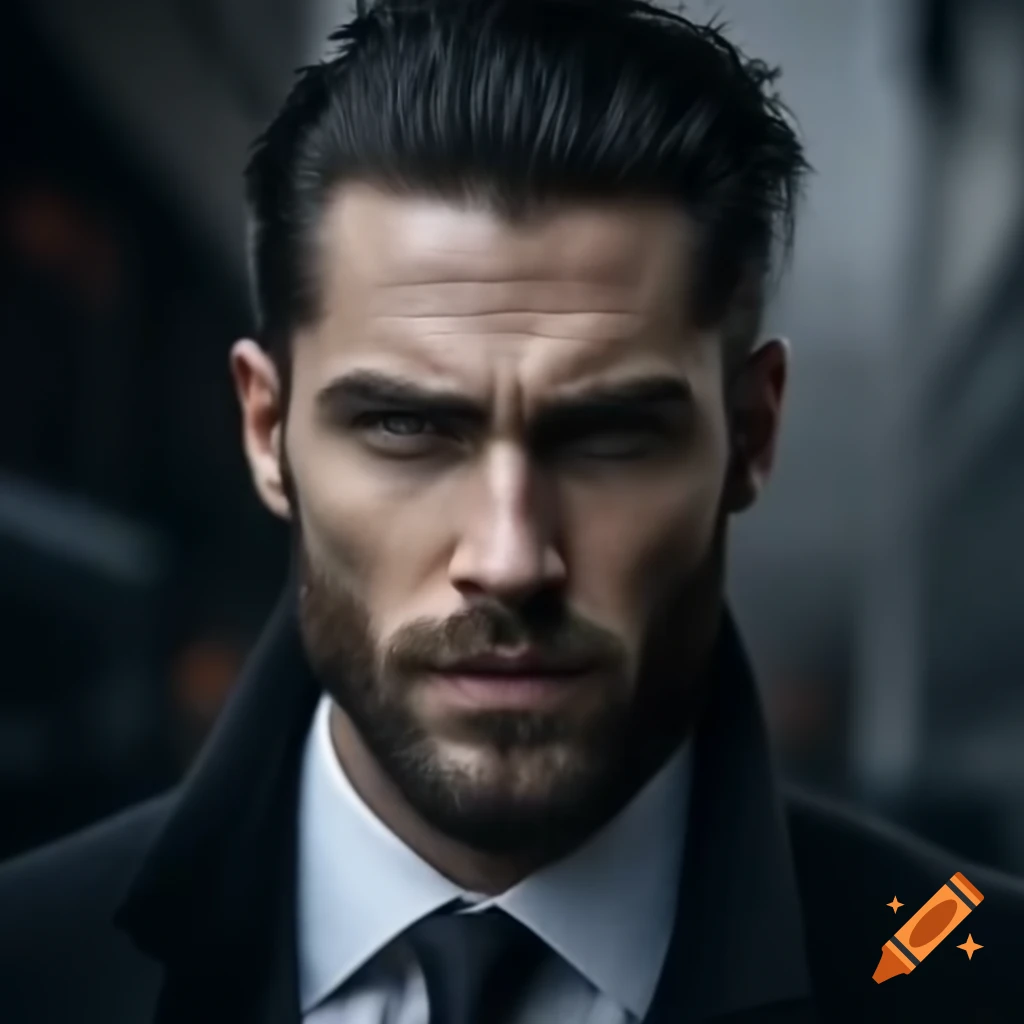 Man in suit with stubble and short black hair, cold expression