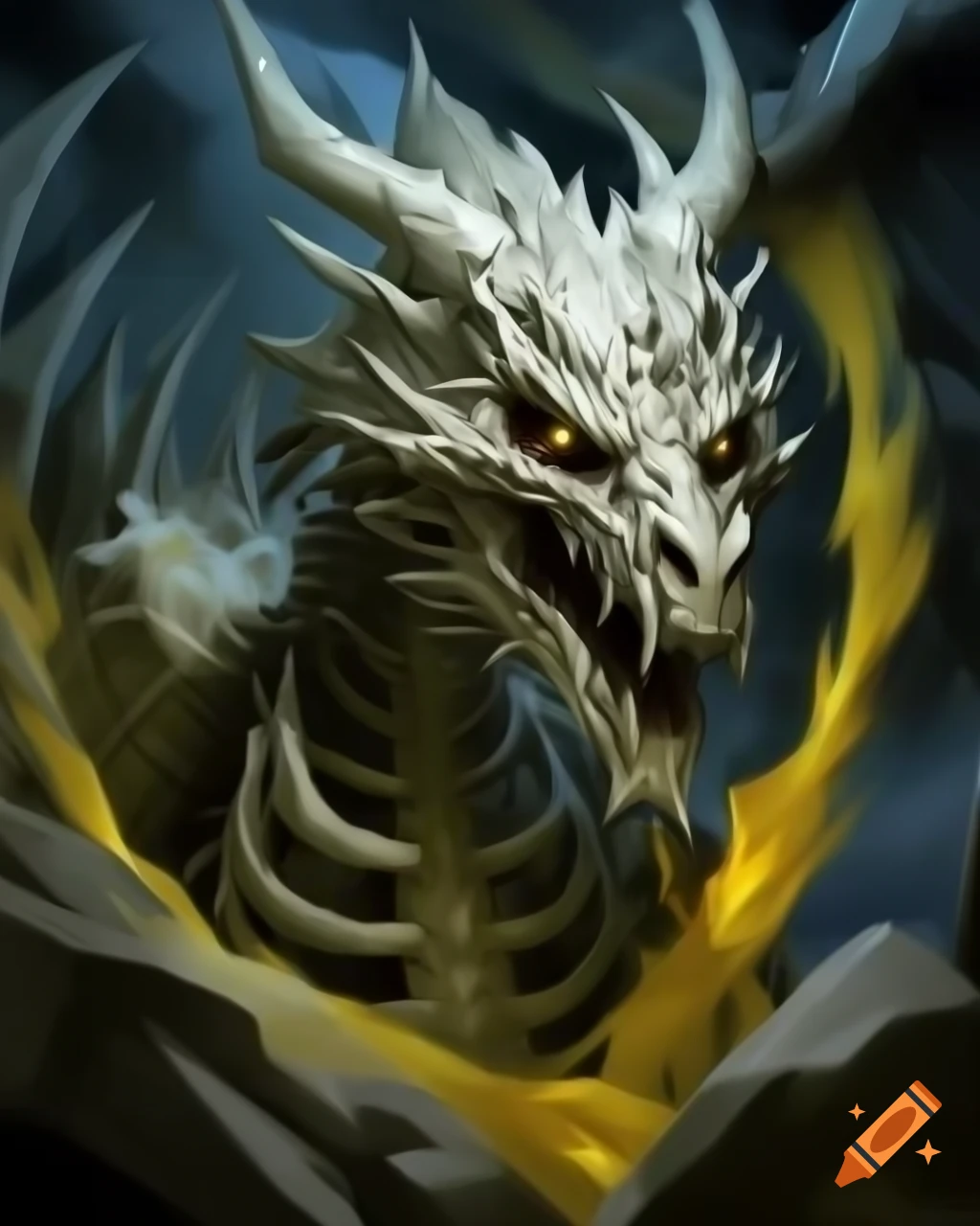 Epic fantasy skeleton dragon with yellow eyes in battle, detailed fantasy background